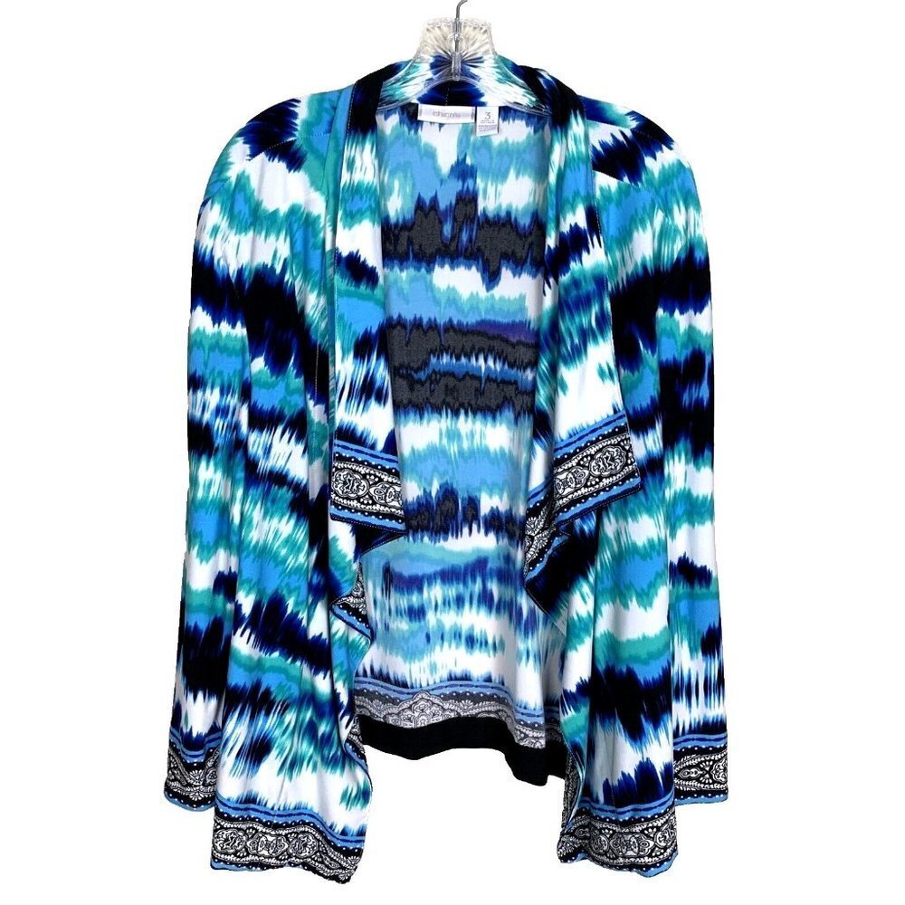 Chico's Blue Teal White Abstract Print Open Cardigan